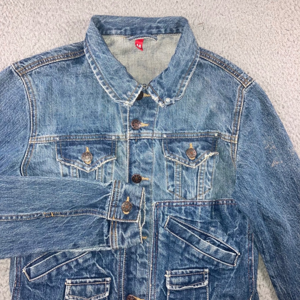 H&M Denim Trucker Jacket Mens M Blue Medium Wash Grunge Distressed Multi Pocket